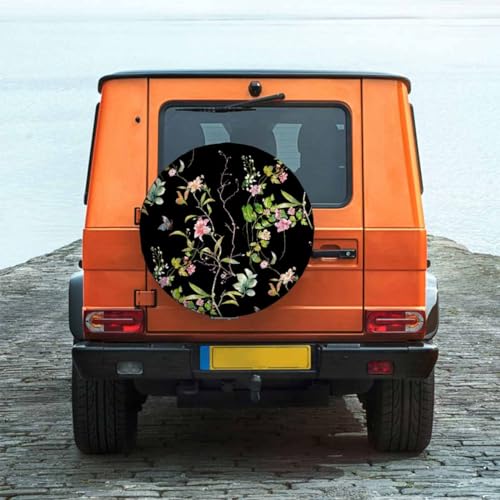 Image of Leaves Flowers Spare Tire Cover Watercolor Black Background Wheel Covers for RV Tires Camper Tire Case Protectors for Trailer Rv SUV Truck Travel Trailer 15 in