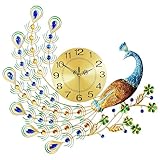 Reloj de pared de pavo real, 65 x 70 cm, metal dorado con detalles de cristal, diseño decorativo de hierro forjado, pantalla analógica, decoración de sala de estar, cocina, oficina en casa