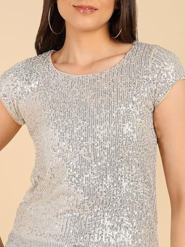 Image of Women's Beige Casual Dazzling Round Neck Embellished Sequin Party Top