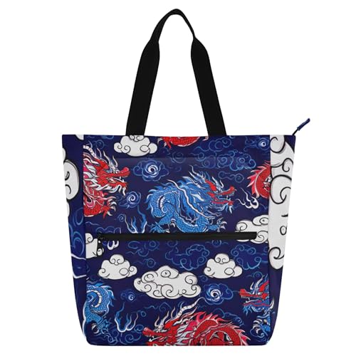 GAIGEO Sacola tradicional de dragões asiáticos para crianças e mulheres, bolsa de trabalho, com zíper, vermelho, azul, lona, escola, viagem