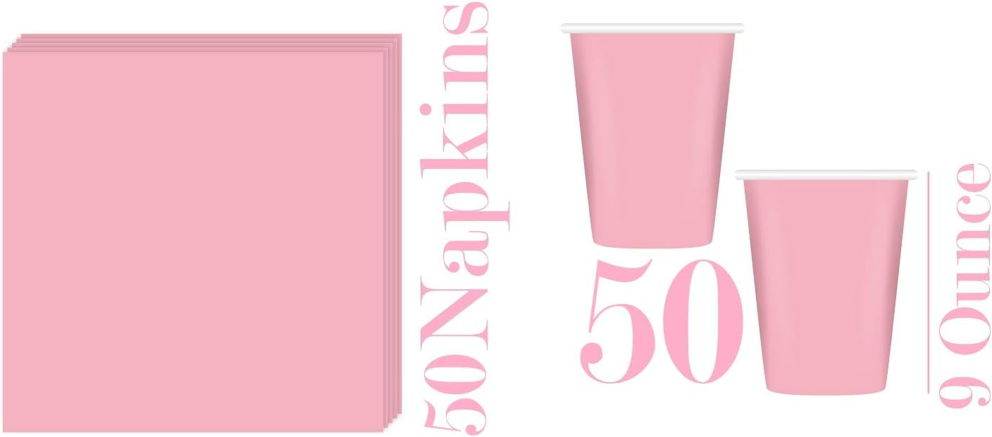 Serves 50 | Complete Party Pack | Light Pink | 9" Dinner Paper Plates | 7" Dessert Paper Plates | 9 oz Cups | 3 Ply Napkins | Light Pink/Baby Shower Party Theme : Home & Kitchen