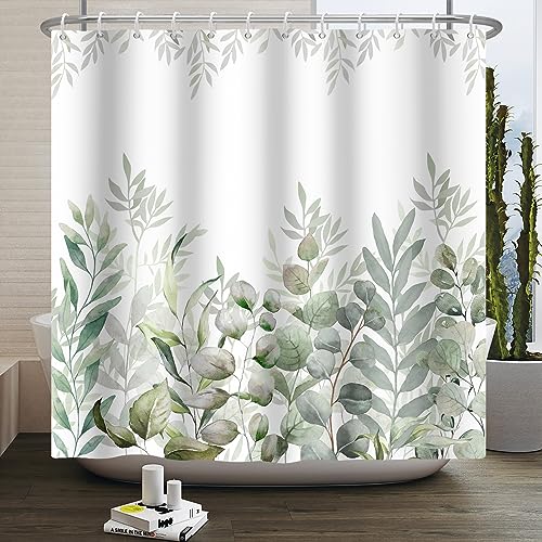 Ttincceer 180x180cm Eucalyptus Leaf Shower Curtain Sage Green Plant Leaves Bathroom Curtain Spring Summer Watercolor Botanical Shower Curtains Waterproof Bathtub Curtain