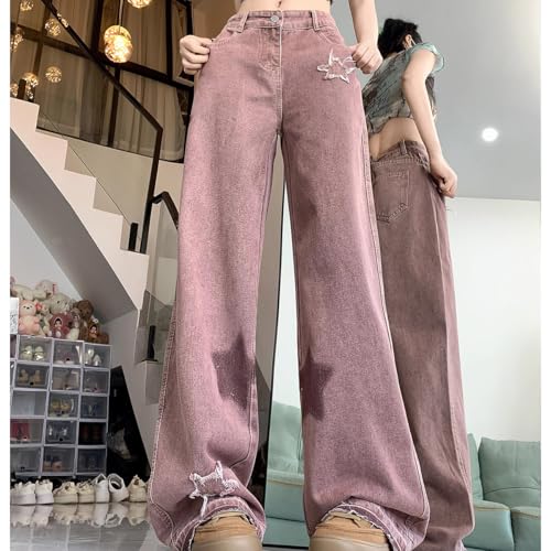 Y2K Casual High Waisted Straight Leg Jeans Womens Fashion Vintage Star Printed Fringe Baggy Denim Pants3