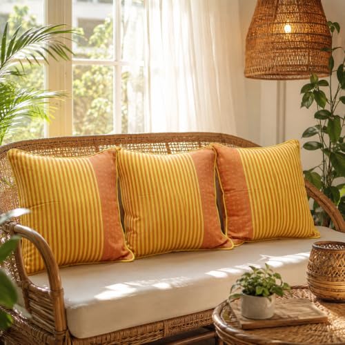 Image of RANGBHAR Handloom 100% Cotton Cushion Cover Set of 3 | Cushion with All-Around Piping for Premium Finish | 16x16 Inches Hand Woven Striped Cushion Covers - Orange Yellow