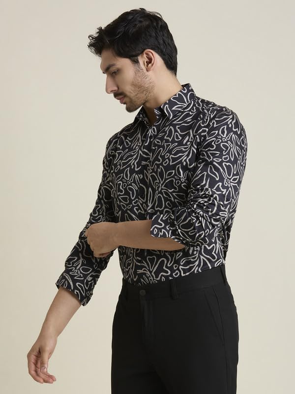 Image of MARK & ALBERT Men's Printed Full Sleeves Regular Fit Shirt Blue | 100% Cotton Stretchable Fabric