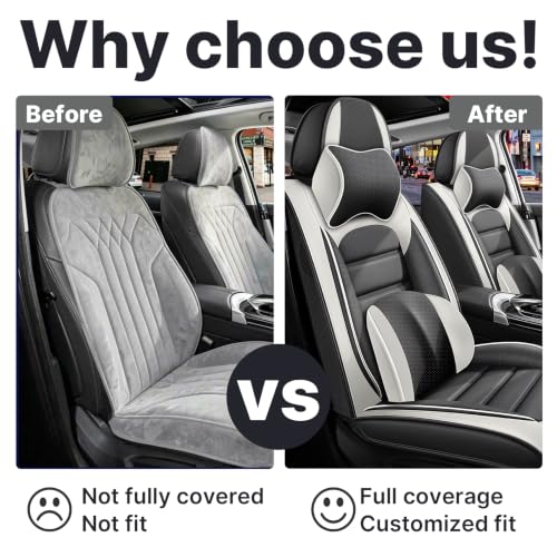 Image of Front Set Car Seat Covers for Jeep Compass 2007-2026, Waterproof Stain-Resistant Seat Cover, Premium Nappa Leather Seat Protectors with Storage Pockets(Luxury 2 Seats /Grey&White)