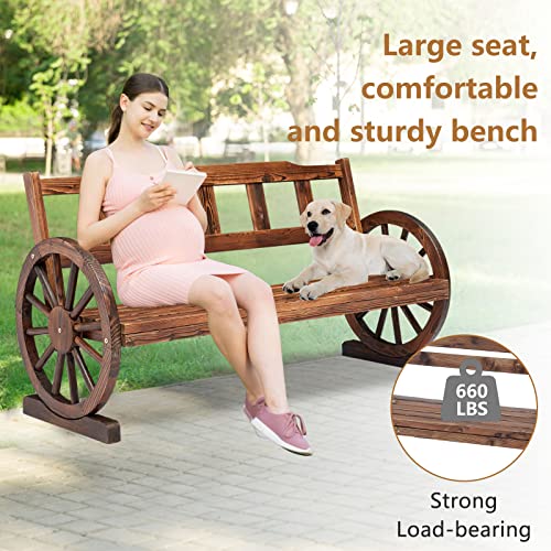 Kinbor Rustic Outdoor Bench, Wooden Wagon Wheel Bench, 2 Person Outdoor Bench With Backrest For Front Porch Patio Outdoors #TOP5