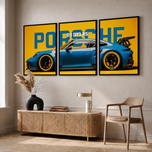 Image of HOMESY Sports Car Framed Posters Gift Items for Boys Room | Wall Decoration for Bedroom Living Room Office Gaming Room Decor | Sports Car Poster with Frame for Wall Decor Set Of 3 Size (13x17 inch, BLACK)