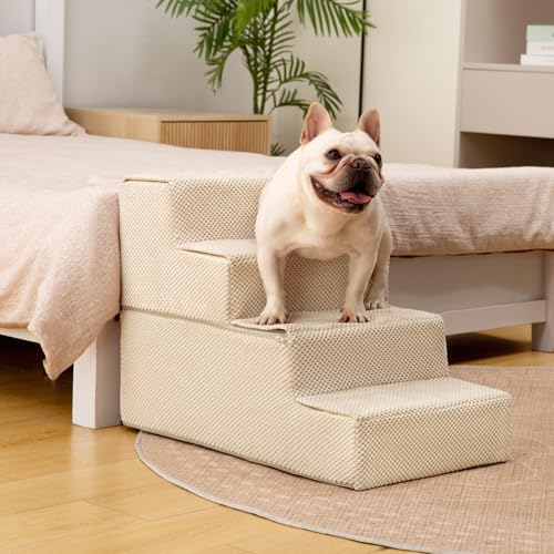 Image of Aodisman Dog Steps for Bed & Couch,18.5 inch H 4-Step Pet Stairs for Small Dogs | High-Support Anti-Slip Dog Ramp, Easy-to-Climb Steps for Doggies, Older Cats,Short-Legged Dogs to Get on and off Beds,Beige