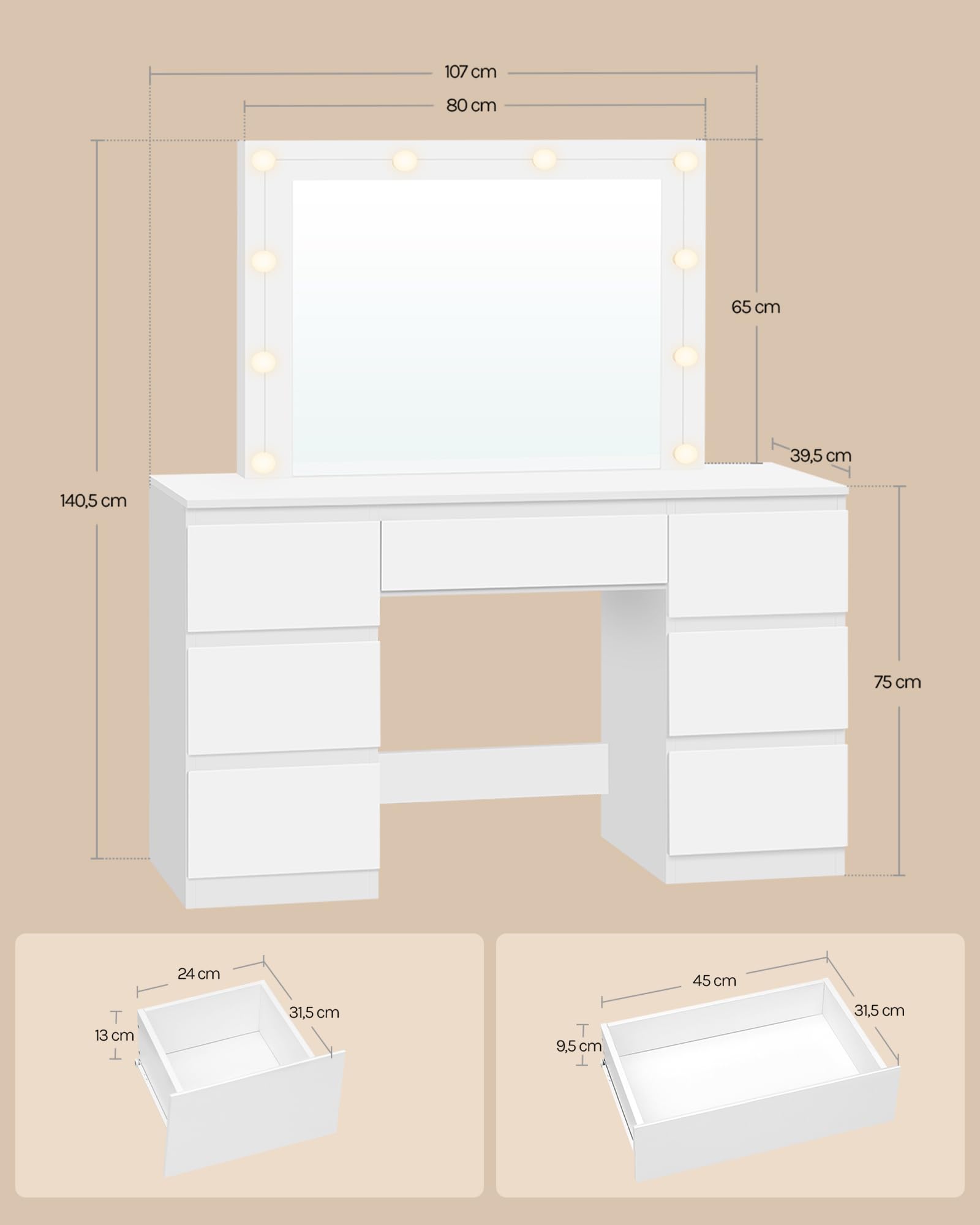 WOLTU Schminktisch mit Beleuchtung und Spiegel, einstellbare Helligkeit, Großer Schminktisch mit 7 Schubladen, moderner Frisiertisch für Schlafzimmer, 107 x 40 cm, Holz, Weiß