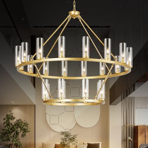 Image of 48 Inch Large Gold Wagon Wheel Chandelier with Clear Glass Shade 2 Tier 24-Lights Round Pendant Light Farmhouse Industrial Chandeliers Dining Room Light Fixture for Stair Living Room Foyer