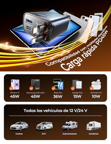 LISEN Cargador Coche Carga Rápida Retráctil 84W Accesorios Coche Camper para iPhone 17, PD45W USB-C Cargador Mechero Gadgets 12/24V para Samsung S25 Xiaomi [2026 Compacto] San Valentin Regalos Hombre - imagen 7