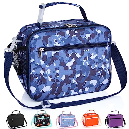 Homtibrm Insulated Lunch Bag, Kids Thermal Cool Bag with Adjustable Strap, Waterproof Lunch Box Bag for Adults Kids Boys Girls Work School Picnic for age：over 3 years old, Camblue-horizontal