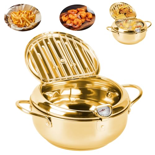 Gold Stainless Steel Deep Frying Pot with Lid - Frying Pan for Chicken with Temperature Control & Oil Drip Drainer Rack, 20cm Tempura Fryer