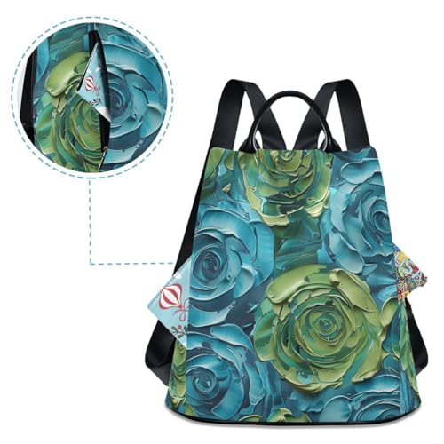 KLL Stereo Roses Blue-green 3d Stereoscopic Style Fashion carry on backpack casual backpack for women travel for Daily College Shopping with Pom-pom keychain4