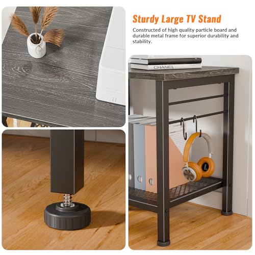 Image of Furologee 63 Inch TV Stand, Entertainment Center with Shelves, Black Oak | Console Table, Open Storage Shelves, 4 Hooks, for 65 /70 Inch TVs, TV Stands for Living Room, Bedroom