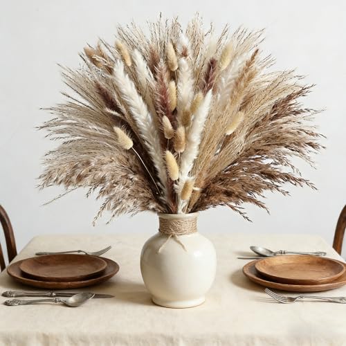 Hapart Boho Dried Pampass Grass Arrangements All-Natural Brown Dried Plants with Bunny Tails Feathers Floral Centerpieces for Tables Vase Livingroom Boho Decor