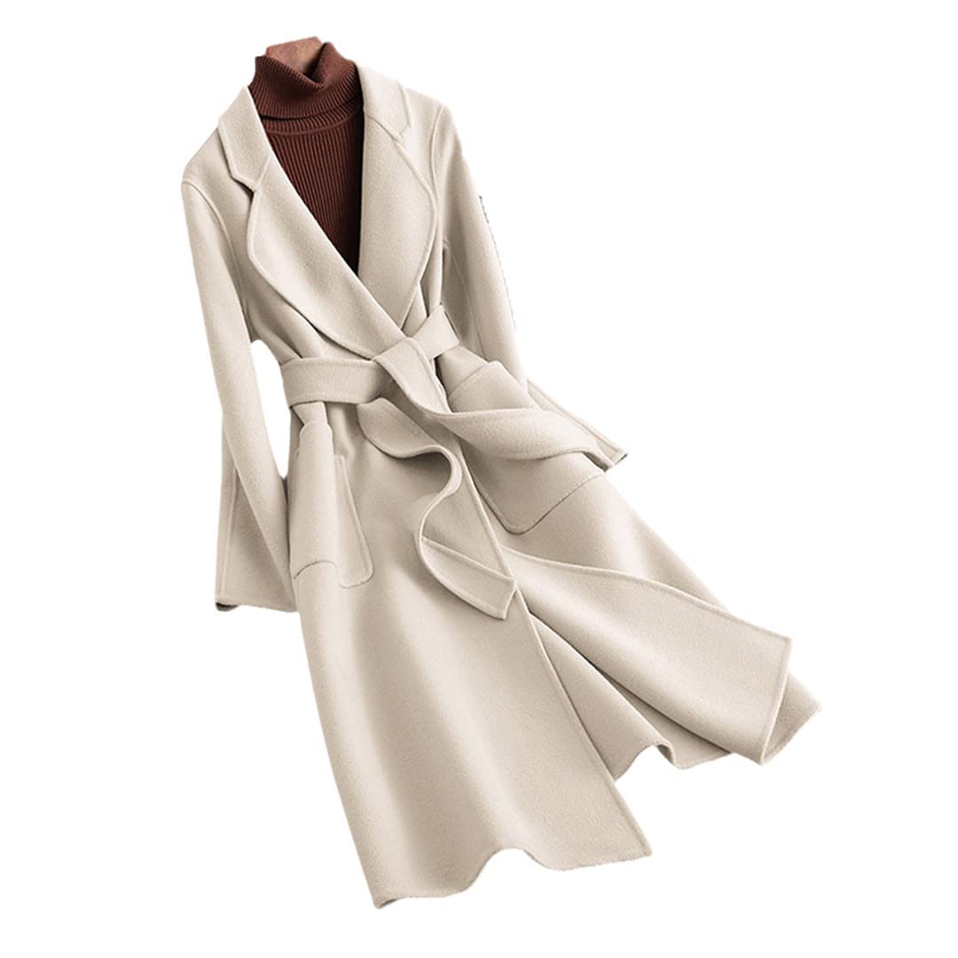 Suwequest Women's Cream Autumn Double-Faced Cashmere Coat Woolen Outerwear Belt Winter Wool Coat M Coat Bust 100Cm