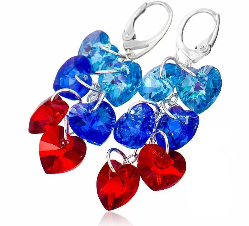 Crystals originaux coeurs boucles d'oreilles rouges bleues argent 925 Arande