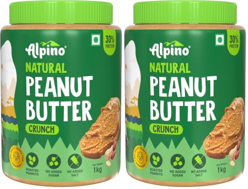 Image of ALPINO Natural Peanut Butter Crunch 1kg - 100% Roasted Peanuts - 30g Protein, No Added Sugar & Salt, non-GMO, Gluten Free, Vegan - Plant Based, Unsweetened Peanut Butter Crunchy (Pack of 2)