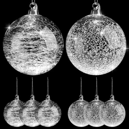 Uiifan 6 Pcs Clear Glass Christmas Ornaments Balls Bulk Blown Glass Christmas Tree Ornaments Assorted Size Iridescent Balls Xmas Tree Home Decorations (3.94 in)