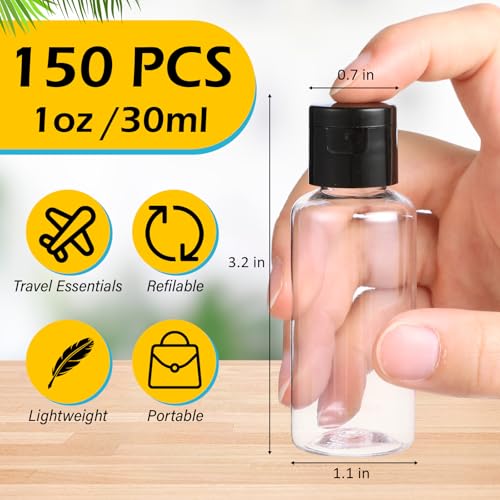 150 Pcs 1oz Travel Bottles Bulk for Toiletries Clear Small Travel Size Bottles Bulk Refillable Empty Containers for Shampoo Lotion Liquid Body Soap Cream Toiletries(Black Cap)2