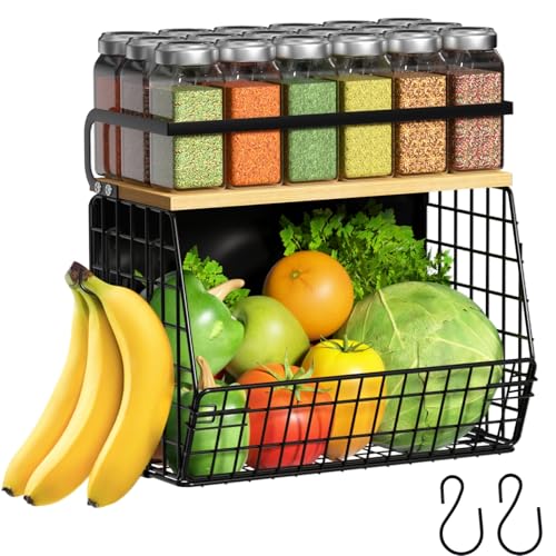 Image of Ofiray-home Magnetic Shelf for Fridge with Wood Lid, Fruit Potato and Onion Storage Bins, Pantry Organizers & Storage, Large Container Magnetic Spice Rack for Refrigerator, Kitchen Counter (Black, 1)