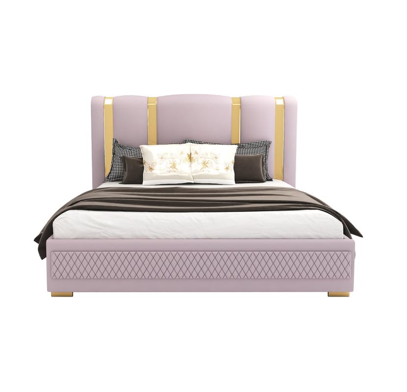 Image of STRATA FURNITURE Solid Wood King Size Bed with Box Storage and Upholstered Headboard | Modern Wooden Double Bed Cot Palang Furniture for Bedroom, Hotels, Living Room, Home (Light Purple)