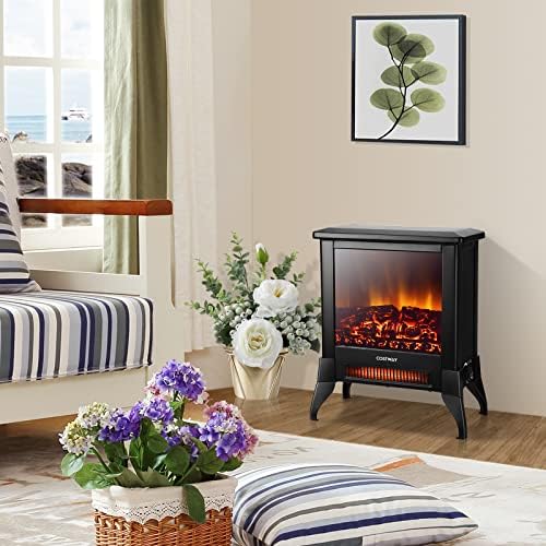 COSTWAY 2000w Electric Fireplace Stove Heater, 1/3-Side View Freestanding Electric Wood Burner with Fire Flame Effect, Adjustable Thermostat & Overheat Protection (14 inch, 1-side view)
