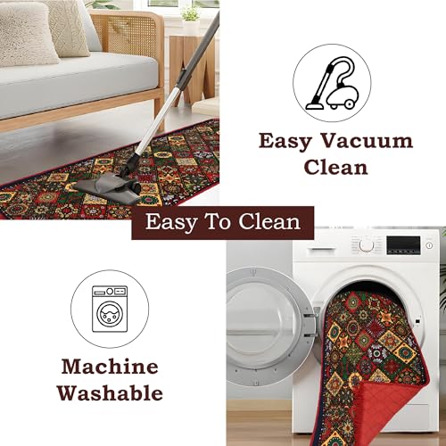 Image of Kuber Industries 2x6 Feet Shaneel Bed Side Runner for Kitchen | Easy to Clean & Multipurpose Runner for Home, Bedroom & Living Room | Rangoli Print - Red