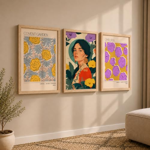 Image of NoWorries Modern Portrait Art & London Floral Wall Frames Paintings | Chelsea & Covent Garden Botanical 300 GSM Premium Prints | Stylish Home Decor for Living Room, Office & Bedroom | Synthetic Wooden Wall Art Frames (Set of-3) (NATURAL, ART-4, 25X37INCHES)