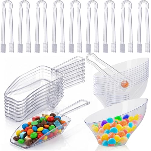 R-kay 36 Pcs Candy Bowls And Plastic Scoops Set - 18 Clear Small Plastic Bowls 6 Oz 9 Plastic Scoops And 9 Small Tongs Buffet Containers Set Heavy Duty
