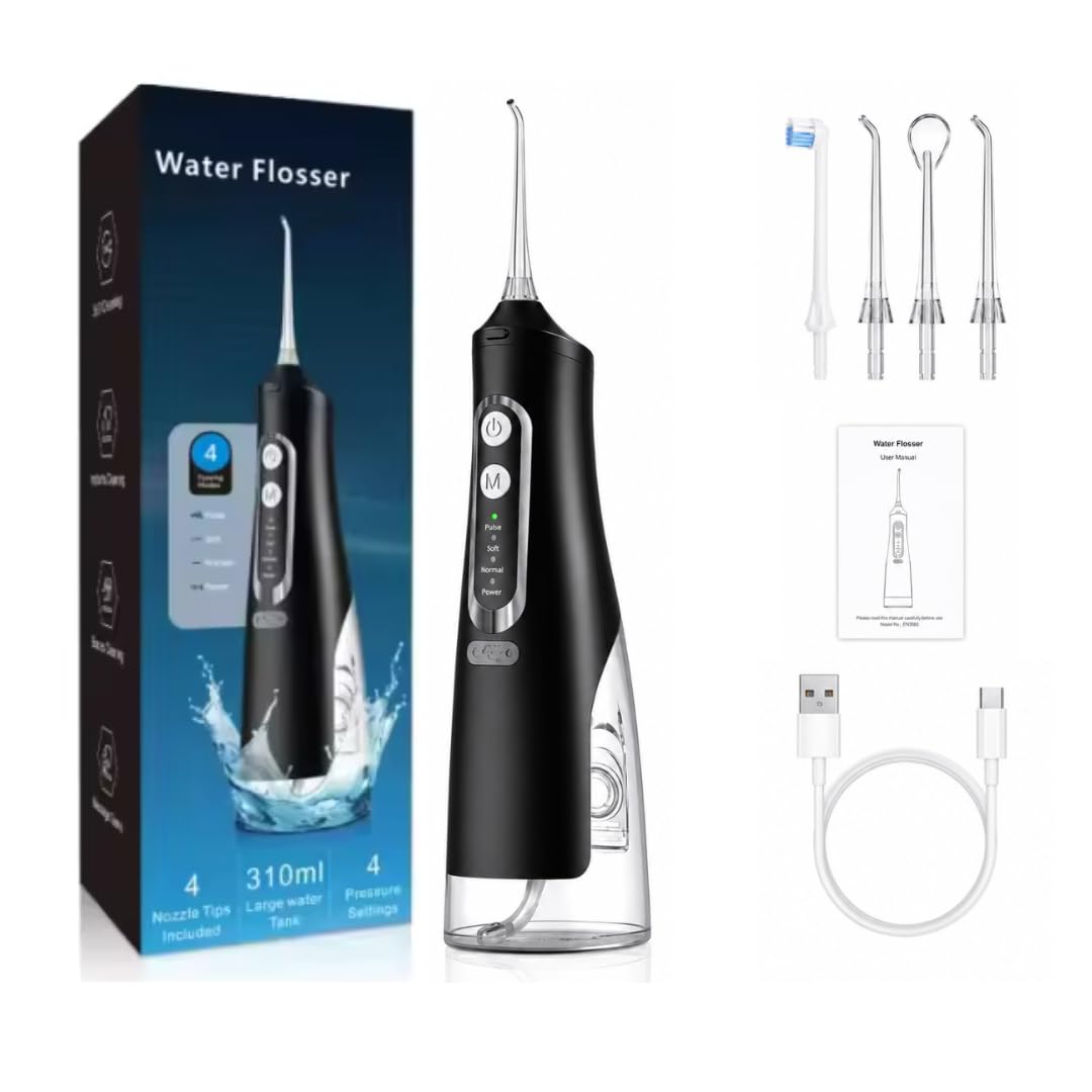 Idropulsore per denti, ricaricabile con serbatoio d'acqua da 310 ml, batteria da 1500 mAh, rimozione placca, 4 modalità, impermeabile IPX7, filo interdentale per parentesi graffe e gengive sensibili