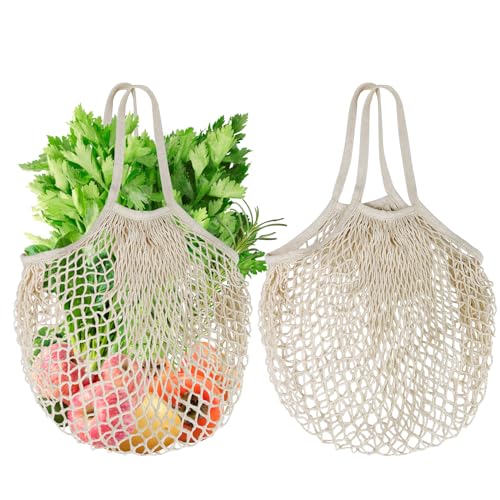 Mordx 2 Stück Einkaufstasche Netz Wiederverwendbar,Baumwolle Einkaufsnetz Bags,Einkaufsnetzbeutel mit langem Griff für die Aufbewahrung von Obst und Gemüse (2pcs Beige)