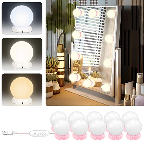 Luz de espejo LED  Kit de luz LED 10 bombillas luminosidad ajustable 3 colores 10 niveles de brillo con adaptador rosa