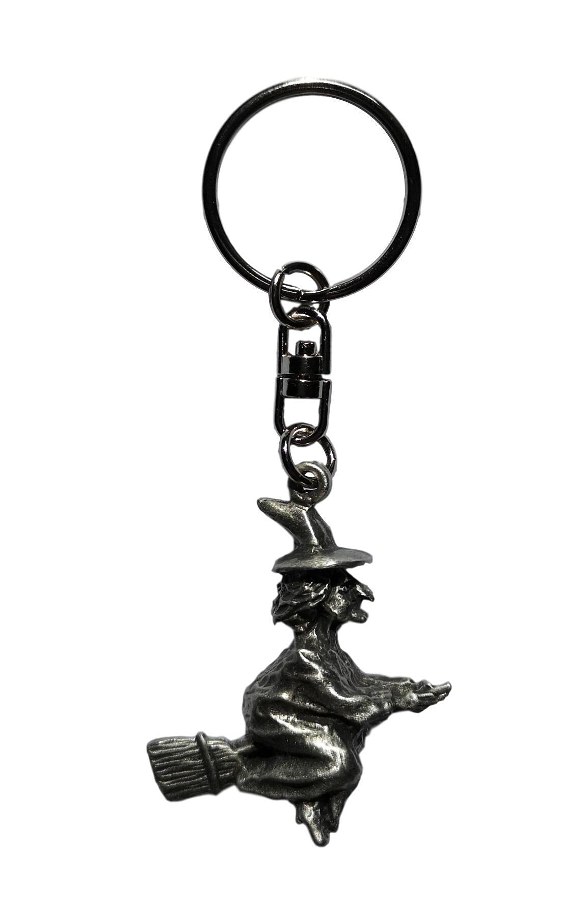 Witch On Broomstick Pewter Keyring UK Made