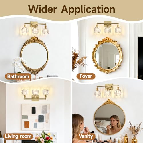 Image of Antique Brass Bathroom Light Fixtures Over Mirror,3-Light Bathroom Vanity Lights Over Mirror,Brass Wall Lights with Clear Glass Tulip Light Shade for Bedroom,Living Room,Hallway,E26 Base