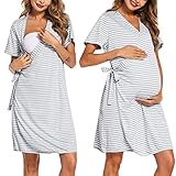 Ekouaer Striped Maternity Robe Pregnant Short Sleeve Labor Delivery Nursing Hospital Gowns Grey X-Large