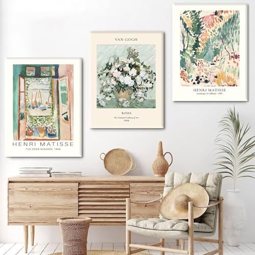 Framed Green Vintage Canvas Wall Art Set of 3 - Van Gogh Abstract Rose Pictures Wall Decor, Mid Century Modern Matisse Artwork Paintings Prints for Living Room Bedroom Bathroom 12x16 inch - Image 5