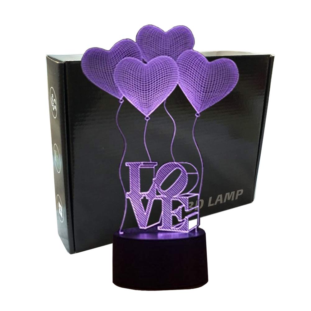 3D Illusion 4 Love Heart Balloons Night Light,USB 7 Colors Change Touch Table Desk Bedroom LED Lamp for Girls Lover's Gift&Home Decoration