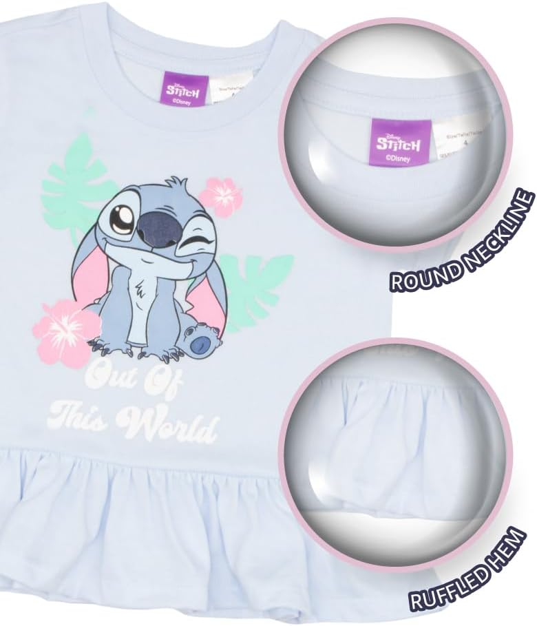 Disney Princess, Minnie Mouse, Lilo & Stitch, Aristocats Girls 2-Piece Ruffle Hem T-Shirt and Biker Shorts Set for Kids - Image 2