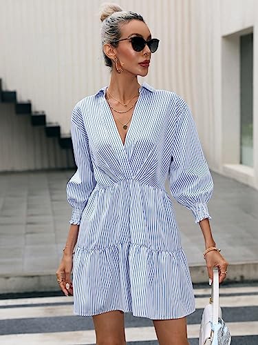 Image of SweatyRocks Women's 3 /4 Sleeve V Neck Collar Striped Dress Casual A Line Ruffle Hem Mini Dresses
