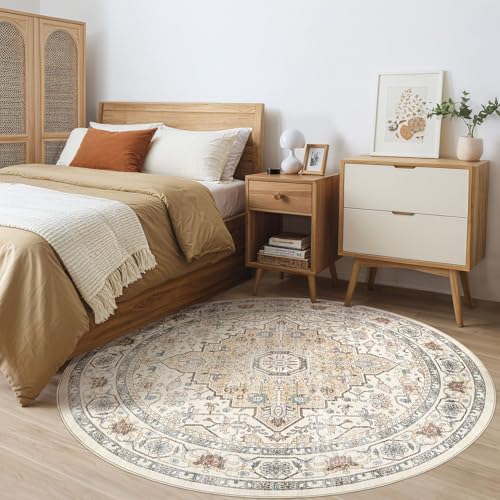 Round Rug Living Room Rugs: 8Ft Washable Boho Neutral Large Circle Soft Indoor Floral Stain Resistant Floor Farmhouse Carpet for Bedroom Nursery Kids Playroom Office Dining Room Dorm Home- Cream Blue