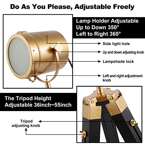 Image of Vintage Adjustable Wood Tripod Floor Lamp for Living Room, Spotlight Gold