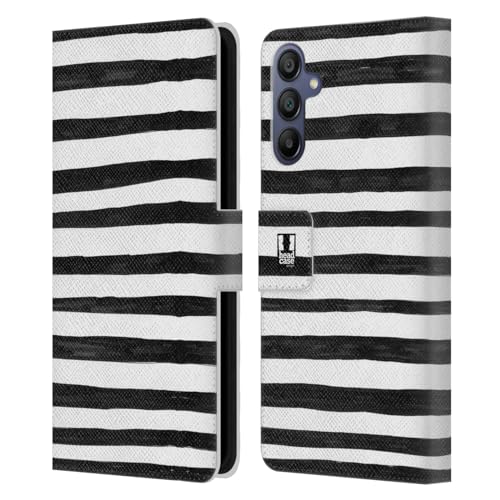 Head Case Designs Stripes Black and White Doodle Patterns Leather Wallet Case Compatible with Samsung Galaxy A15
