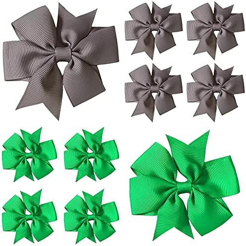 School Hair Bows Clips Slides Grips 3" inch Pin Wheel Solid Vibrant School 5 Colour Mixes With 5 Grey Hairbows -10 Pack (Green & Grey)