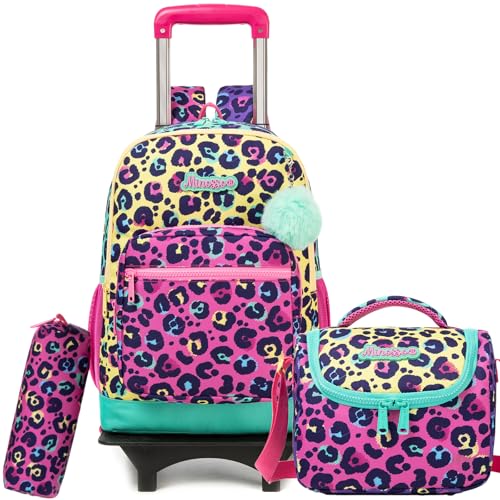ZBAOGTW Rolling Backpack for Kids Girls Rolling Backpack for School Backpacks with Wheels for Kids 8-12 Leopard Print Love Roller Backpacks for Girls with Lunch Box