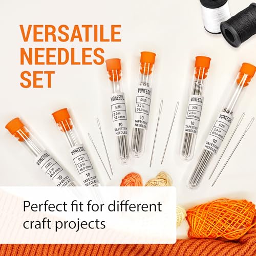 Image of VONEEDL Large Eye Blunt Tapestry Needles (Pack of 60) - 6 Sizes with 6 Storage Tubes - Perfect for Darning, Embroidery, Cross-Stitching, Needlepoint, Crafting, Knitting, Weaving, and DIY