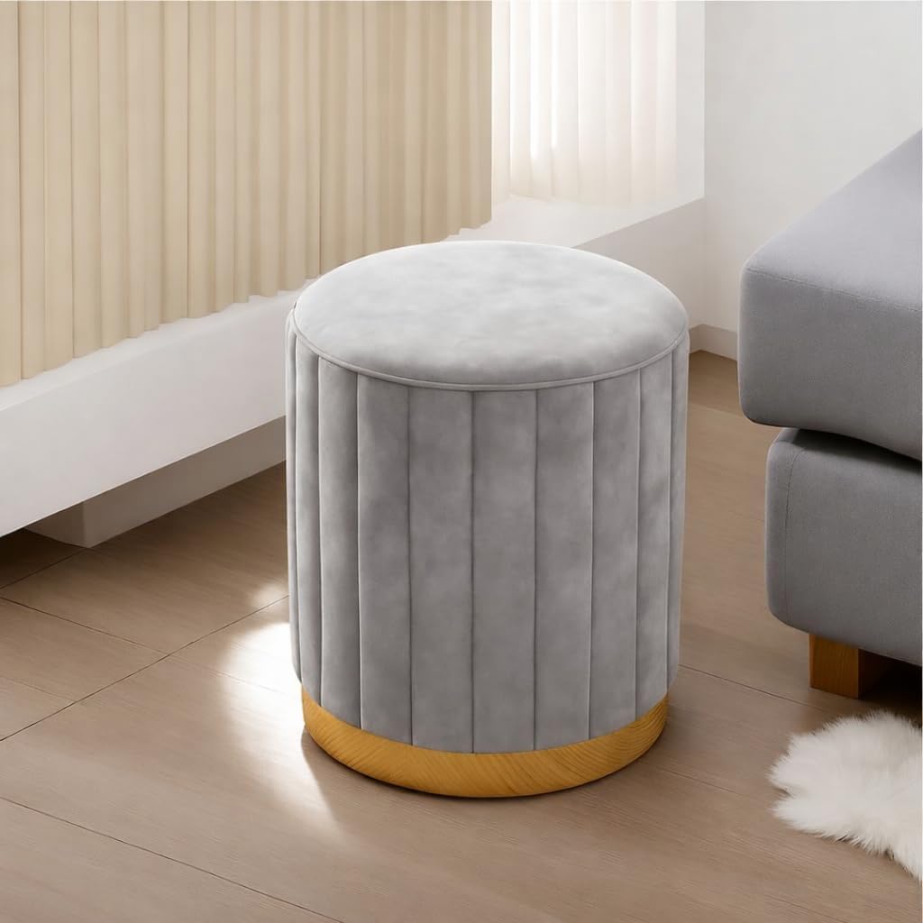 Ottoman Stool for Living Room, Soft Velvet Upholstered Foot Rest Stool with Cushioned Seat, Round Pouffe for Sitting, Multipurpose Seating for Bedroom, Dressing Table & Home Decor, 15 x 16 Inch, Grey-image-19