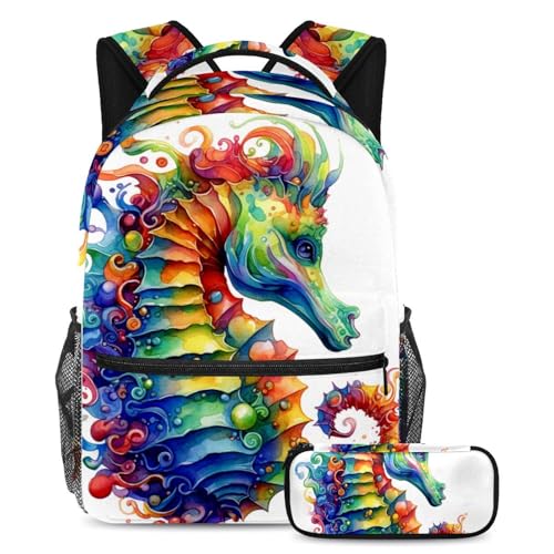 Sac à dos polyvalent 2 pièces motif hippocampe coloré aquarelle grand format